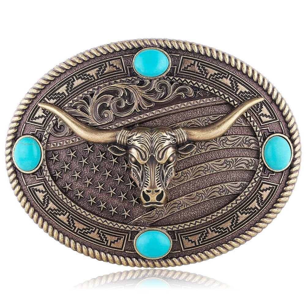 4818 Western Belt Buckles , Vintage Cow Bull Native American Flag Cowboy